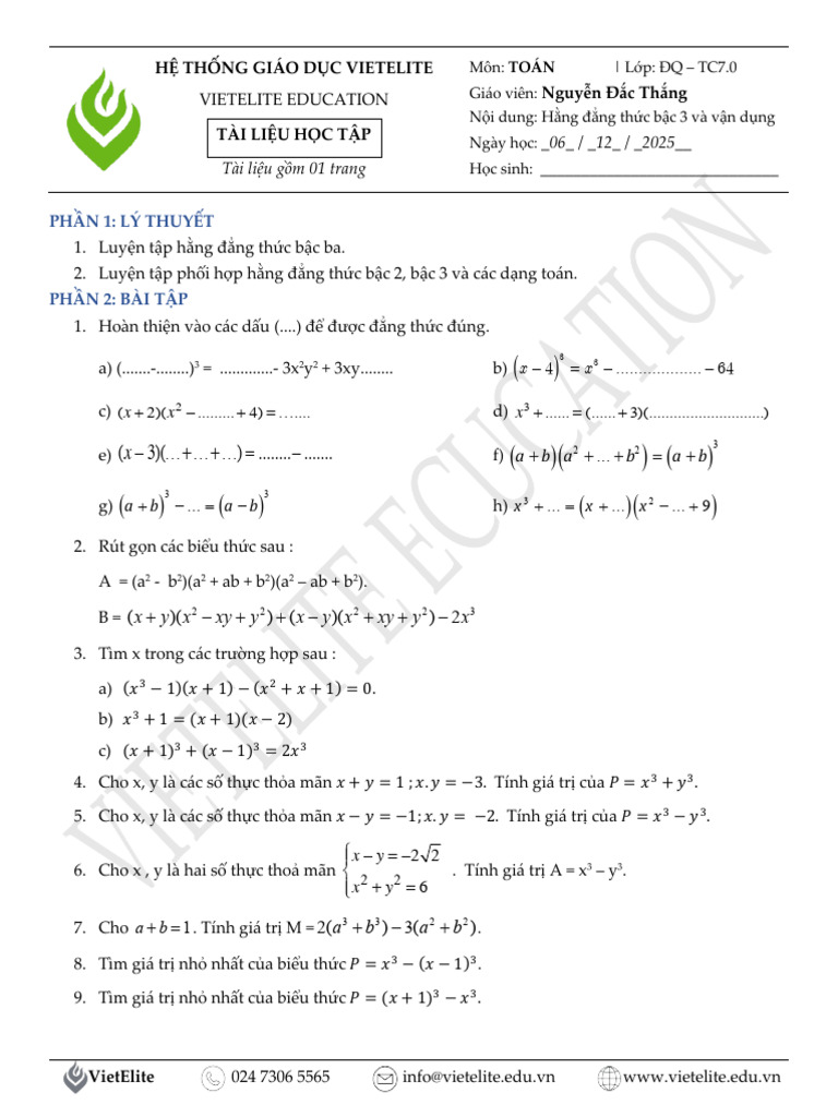 DQ - TC7.0 - 1206 - Hằng Đẳng Thức Bậc Ba | PDF
