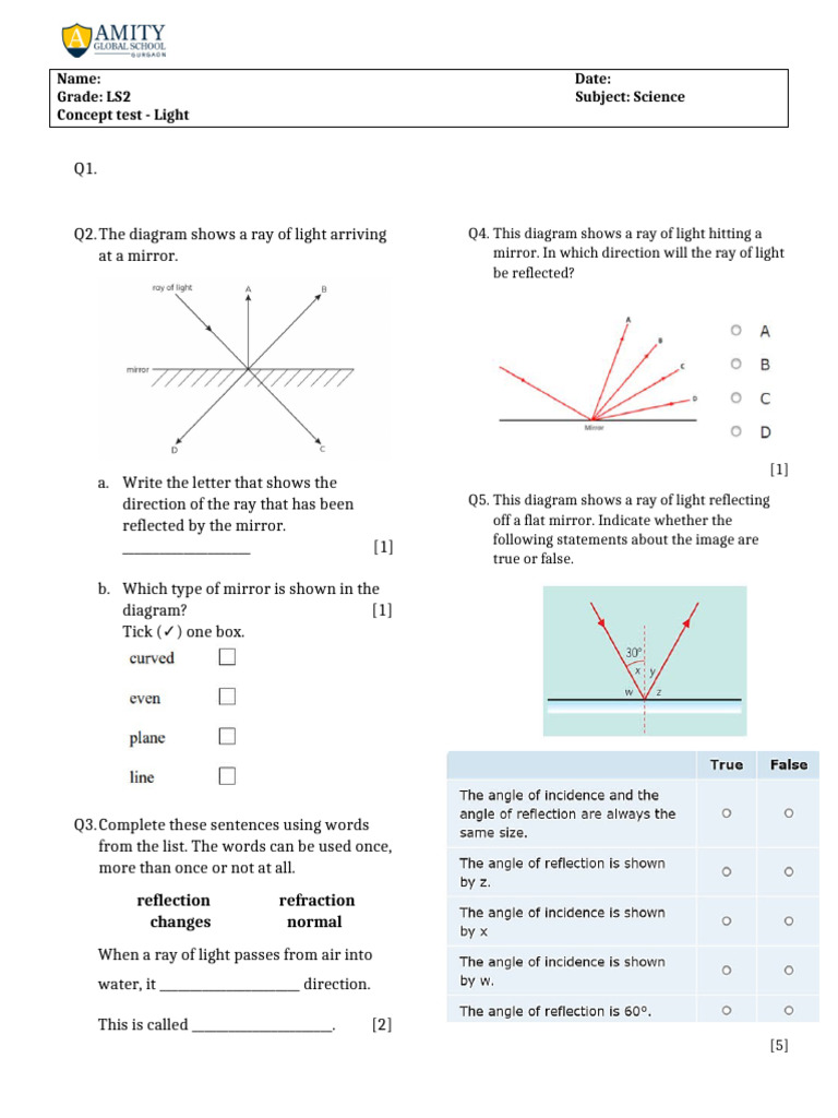 Light Reflection Concept Test | PDF