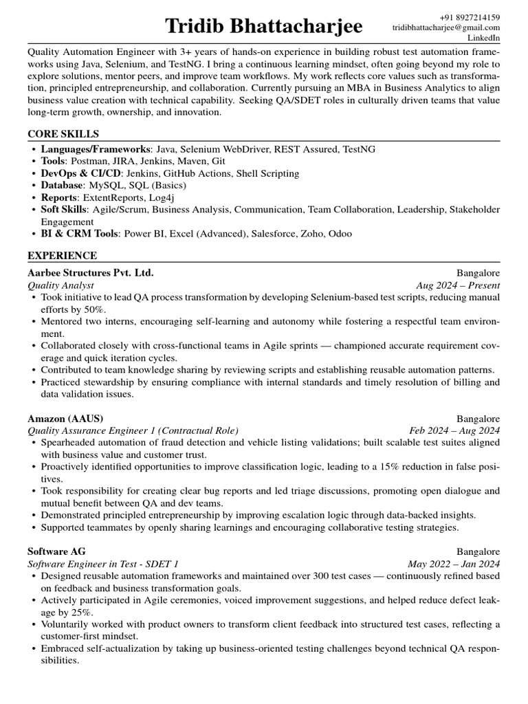 Quality Automation Engineer Profile | PDF | Agile Software Development ...