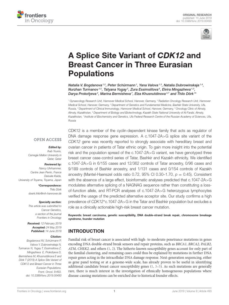 A Splice Site Variant of CDK12 and Breast Cancer in Three Eurasian ...