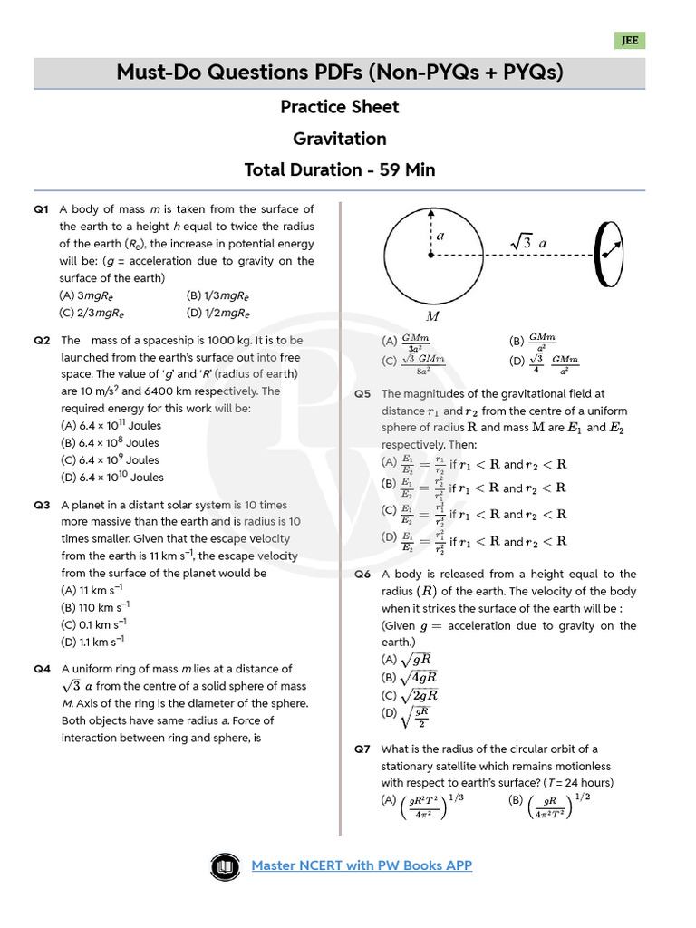 JEE Gravitation Practice Questions PDF | PDF | Orbit | Mass
