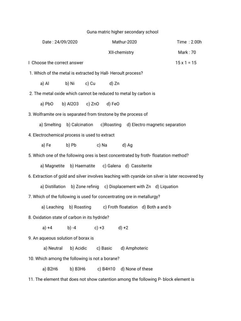 XII Chemistry Exam Questions and Answers | PDF