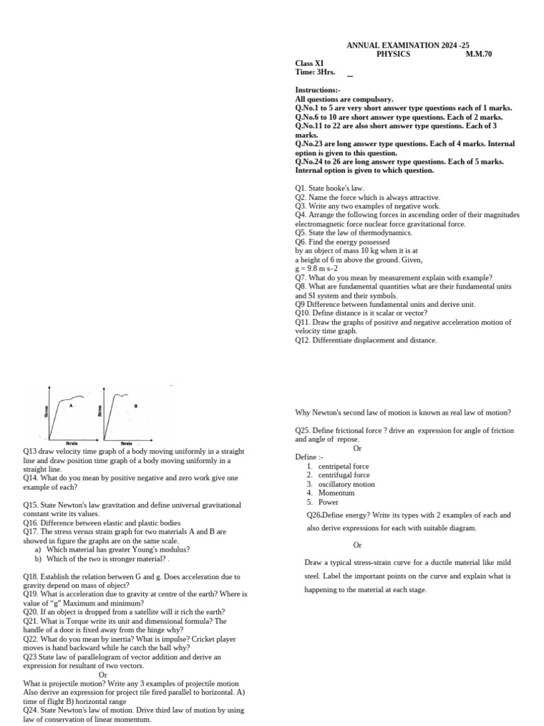 Class XI Physics Annual Exam 2024-25 | PDF | Force | Acceleration