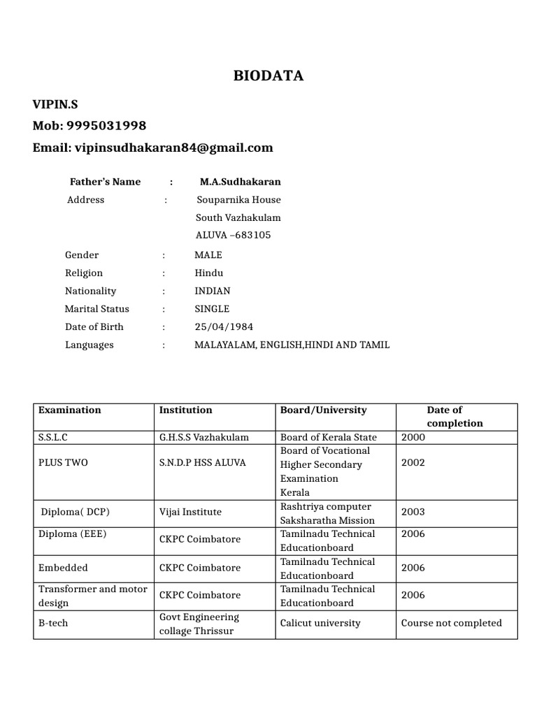 Vipin S. - Engineering Professional Bio | PDF | Mechanical Engineering