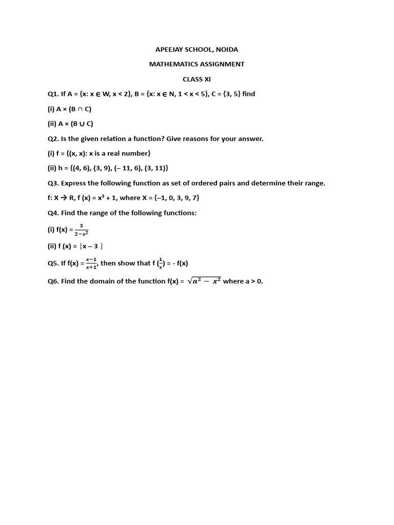 Class XI Mathematics Assignment Guide | PDF