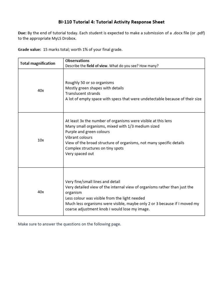 BI-110 Tutorial 4: Microscope Observations | PDF | Color | Imaging