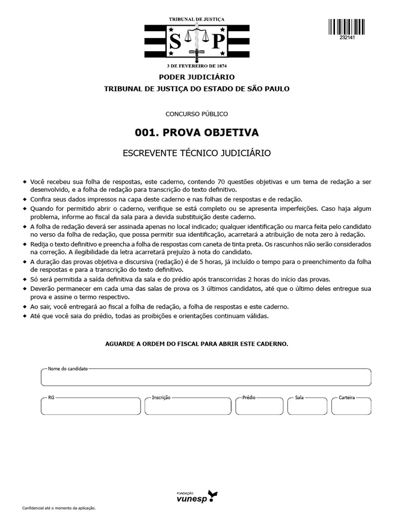Prova Objetiva Escrevente TJSP 2023 | PDF | Sentença (jurídico ...