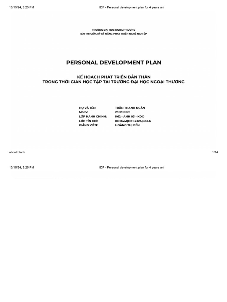 IDP - Personal Development Plan For 4 Years Uni | PDF