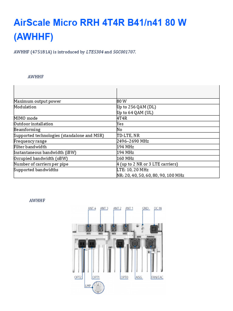 AirScale Micro RRH 4T4R 80W Specifications | PDF | Power Supply | Wireless