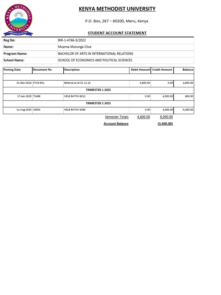 Student Account Statement - Muema Mutunga | PDF