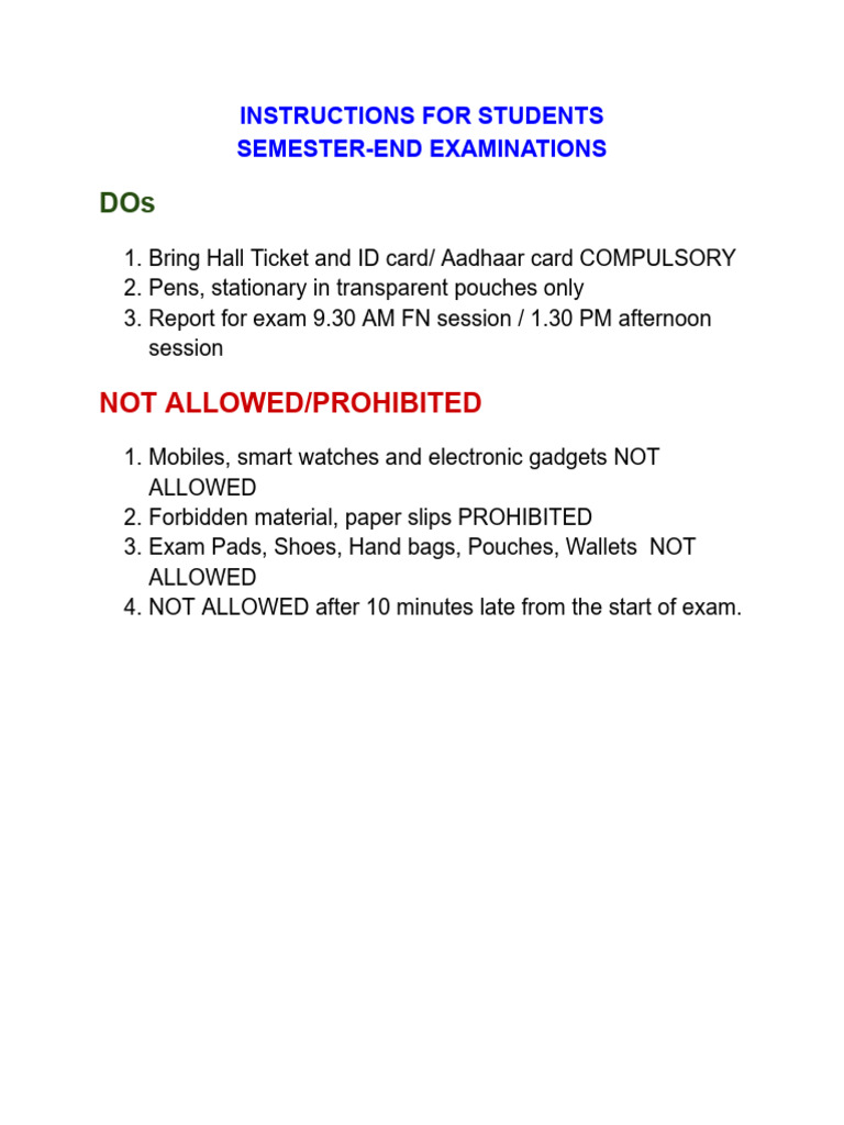 Semester-End Exam Guidelines for Students | PDF