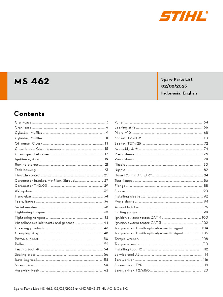 MS 462 Spare Parts List 2023 | PDF | Carburetor | Engines