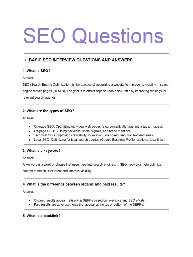 Essential SEO Interview Questions Guide | PDF | Search Engine ...