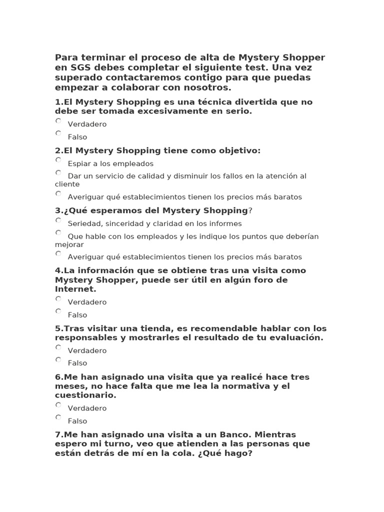 Test de Alta para Mystery Shopper en SGS | PDF
