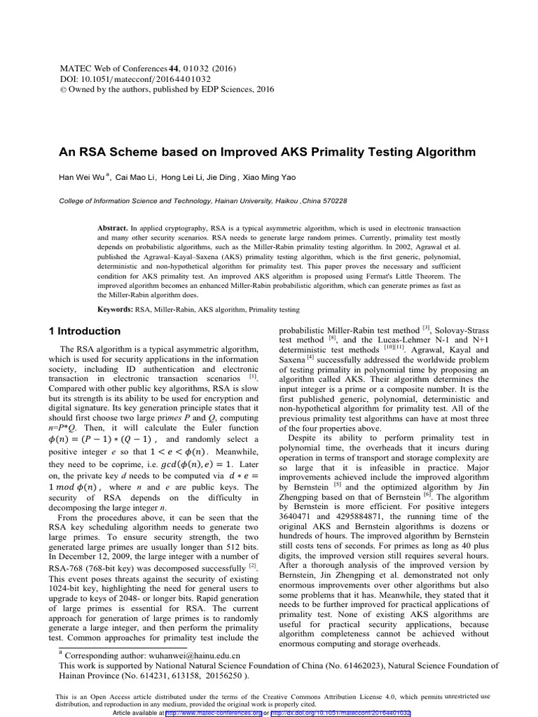 An Rsa Scheme Based on Improved Aks Primality Testing 2kbmfdmtgv | PDF ...