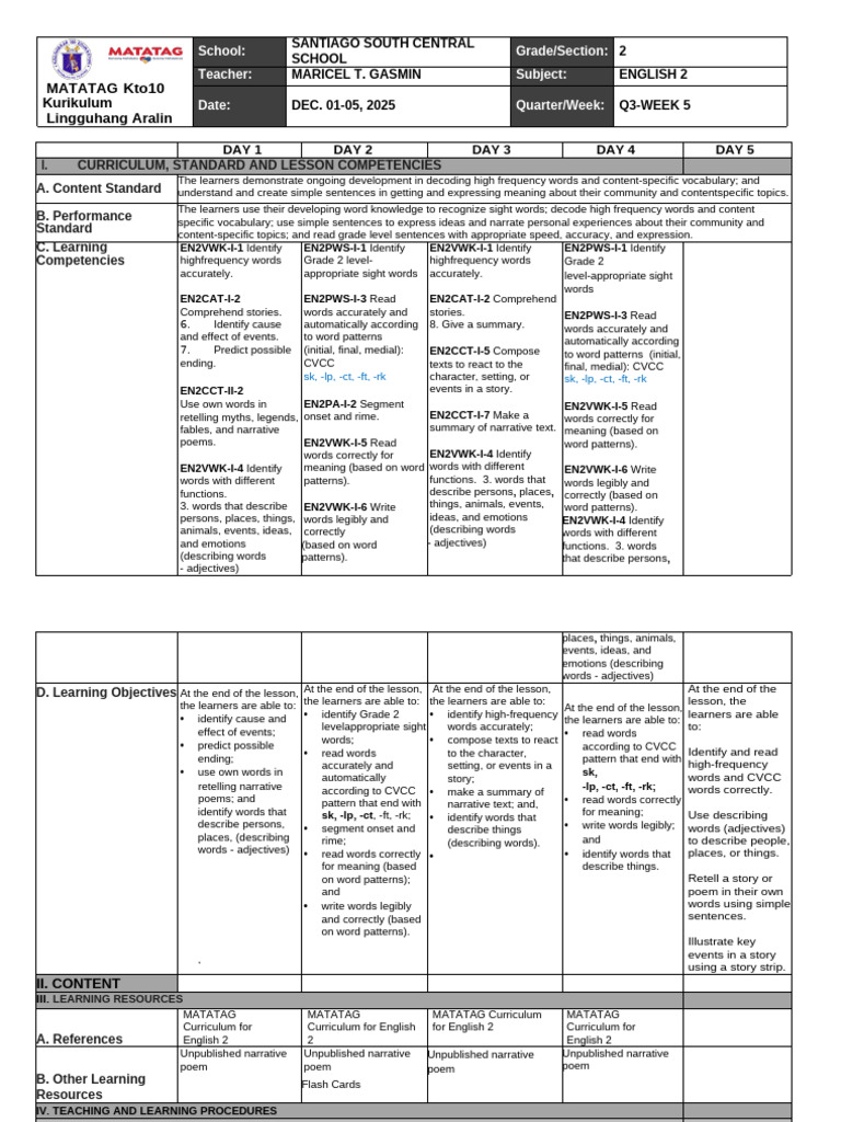 English 2 Curriculum Overview for Week 5 | PDF | Syllable | Consonant