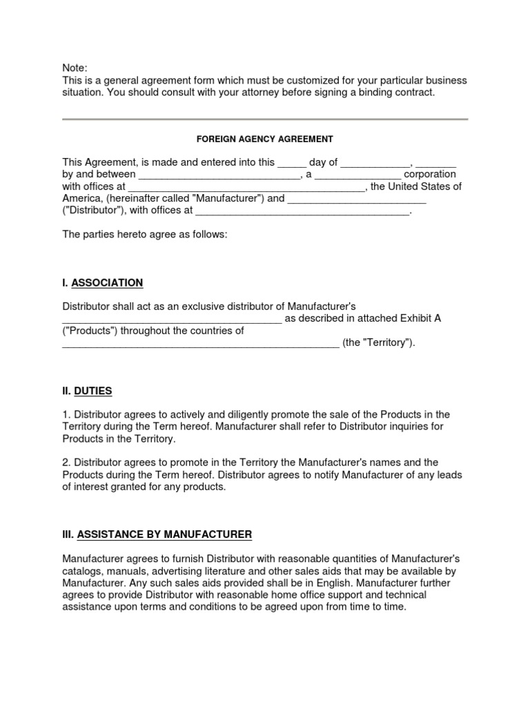 Foreign Agency Agreement - Sample Format Only | Damages | Legal Concepts