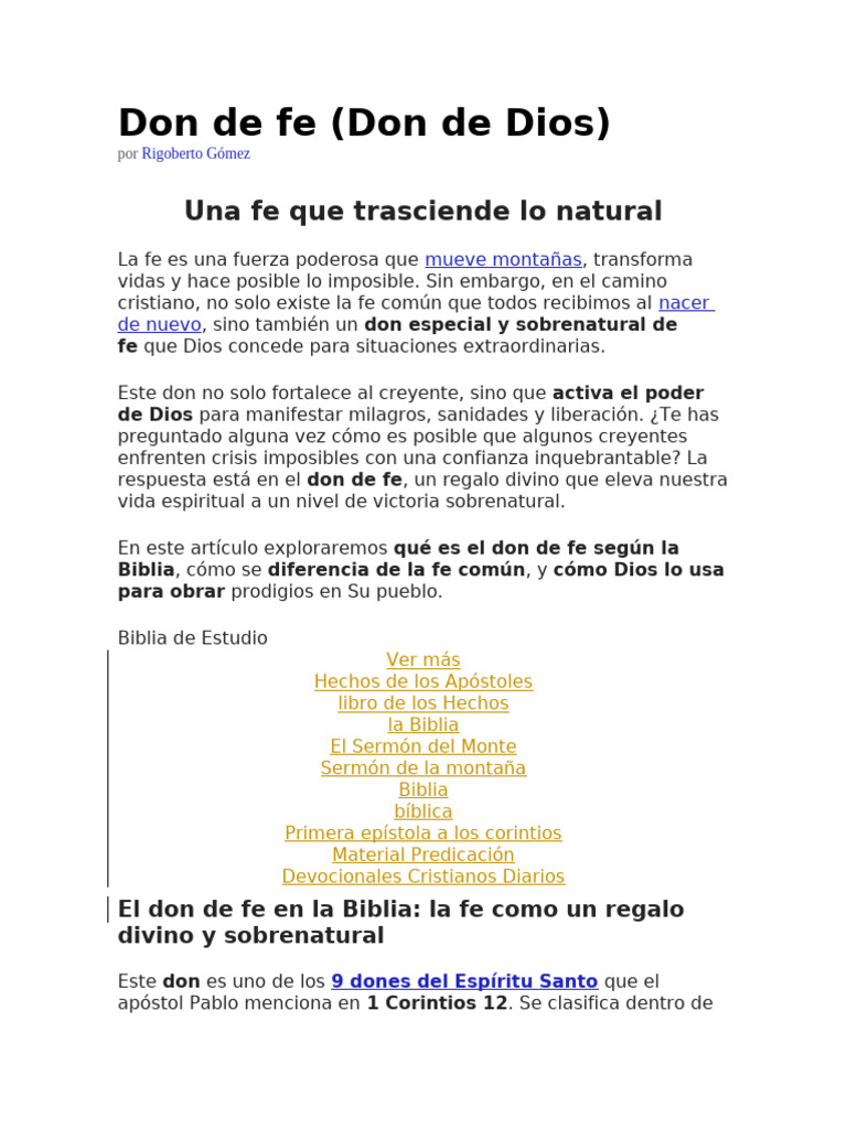 Don de fe: Poder sobrenatural en Cristo | PDF | Fe | Don espiritual