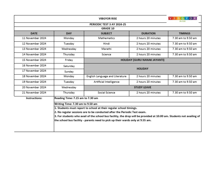 Grade 10 Periodic Test Schedule 2024 | PDF