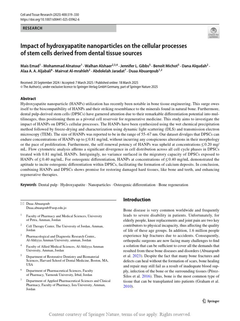 Hydroxyapatite Nanoparticles and DPSCs | PDF | Bone | Tissue Engineering