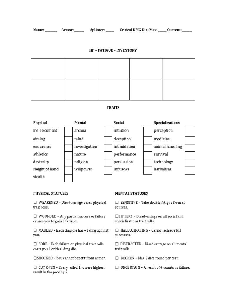 RPG Character Status Tracker Template | PDF