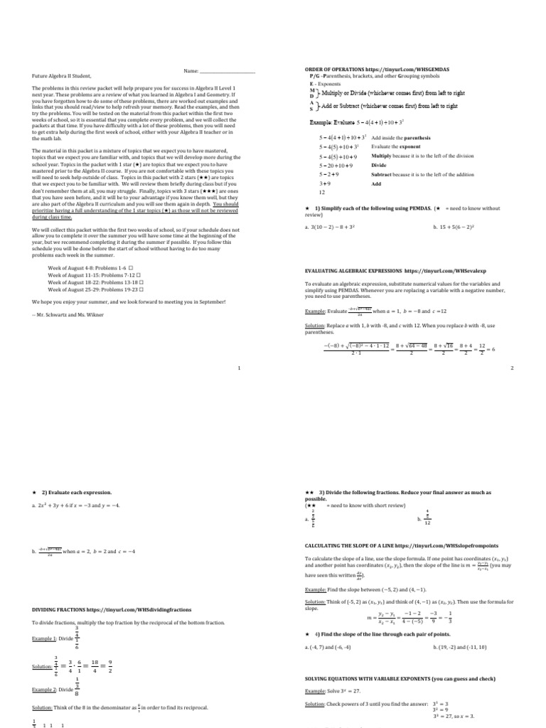 Algebra II Review Packet for Students | PDF | Arithmetic | Discrete ...