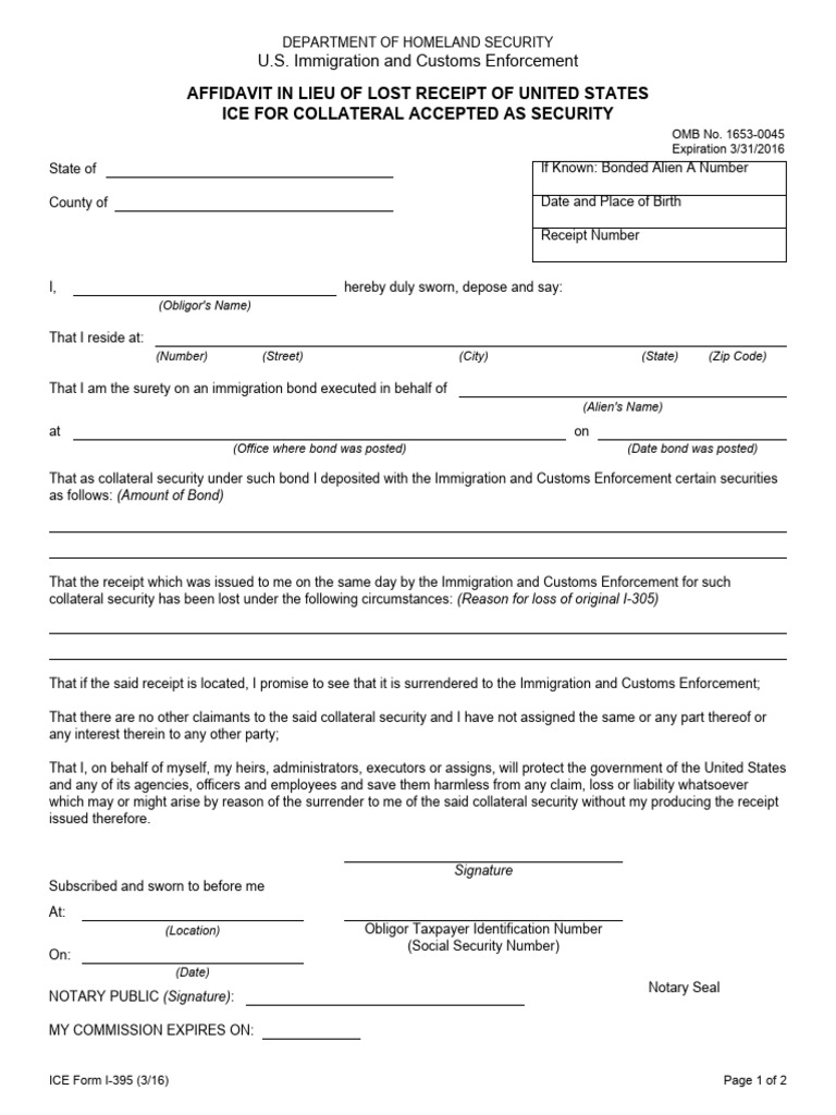 Affidavit for Lost Immigration Bond Receipt | PDF | U.S. Immigration ...