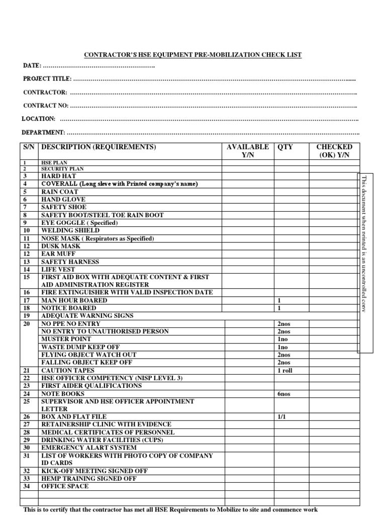 Pre Mob Checklist Safety