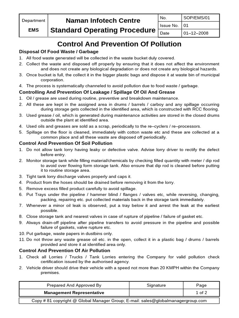 Pollution Control SOP for Food Waste | PDF | Waste | Water