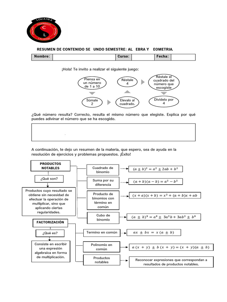 014 U2 1m Matemática Practico Sintesis | PDF | Factorización | Aritmética