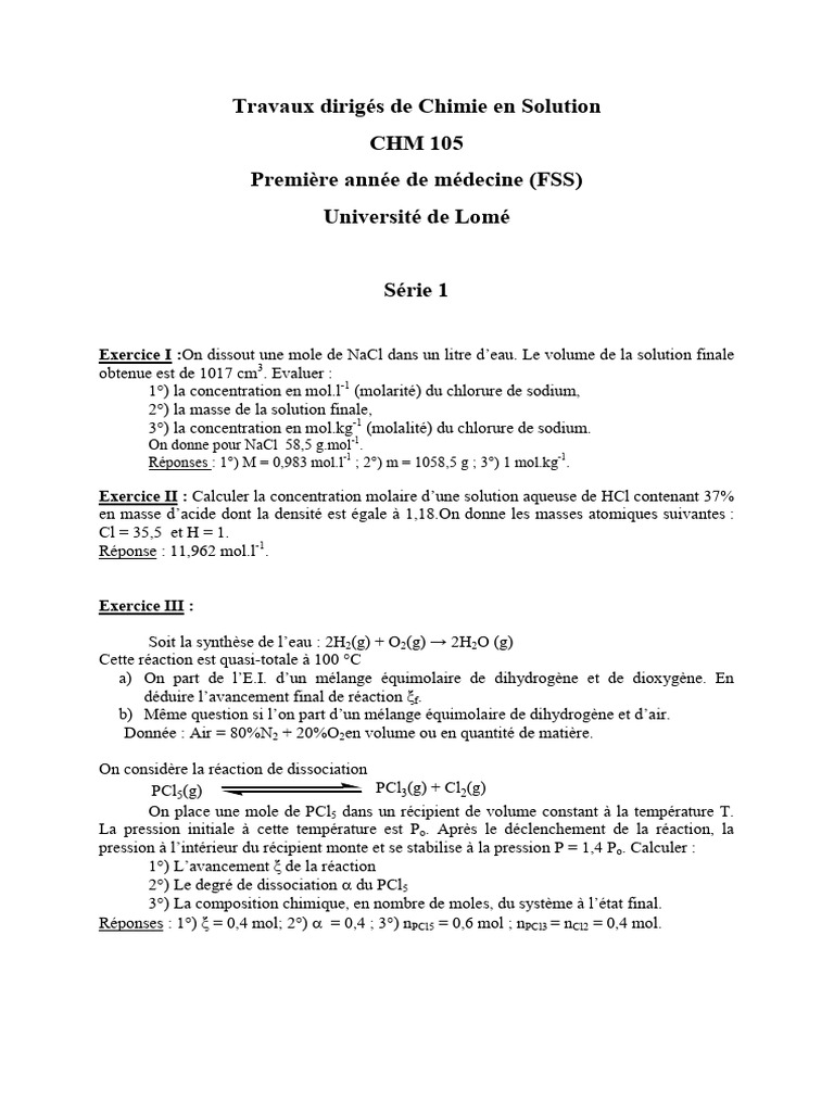 Travaux Dirigés de Chimie en Solution | PDF | Ph | Dissociation (chimie)