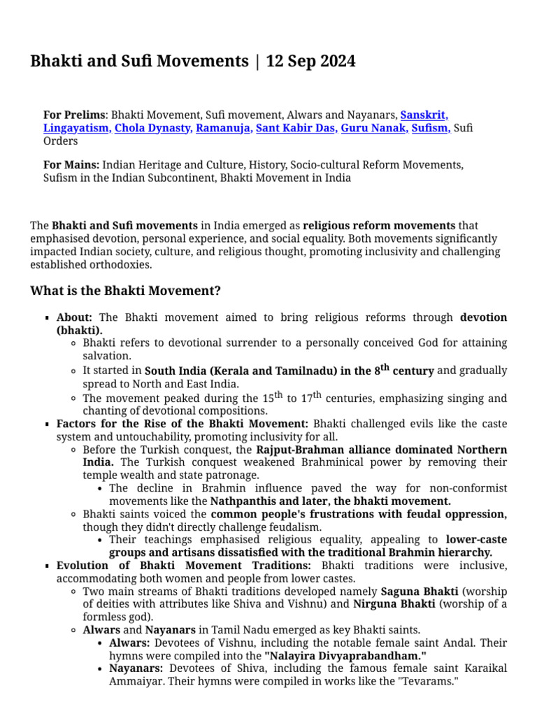 To The Points Paper1 Bhakti and Sufi Movements Print Manually | PDF ...