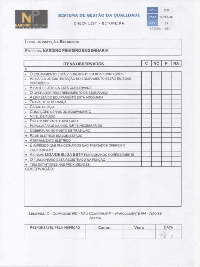 Check List - Betoneira | PDF