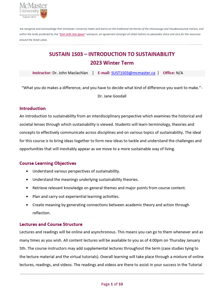 McMaster SUST 1S03 Course Overview | PDF | Turnitin | Academic Integrity
