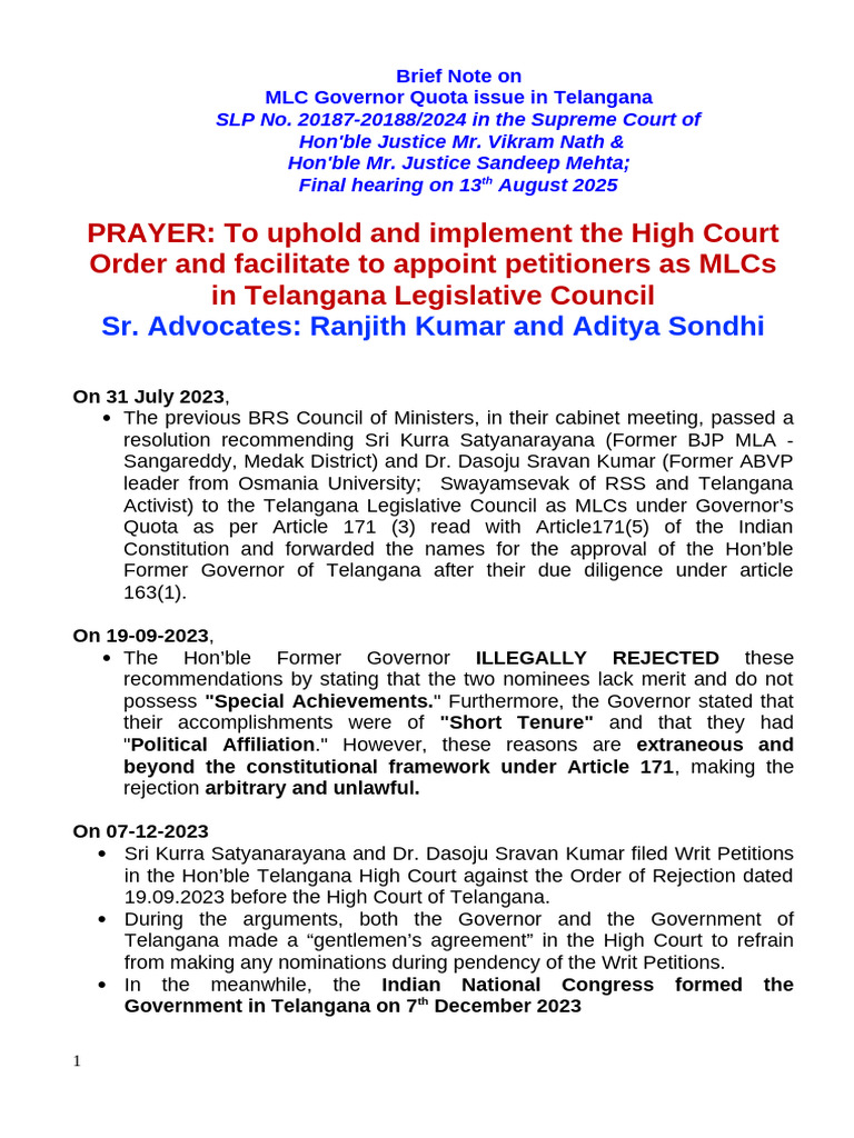 MLC Governor Quota Dispute in Telangana | PDF | Justice | Crime & Violence