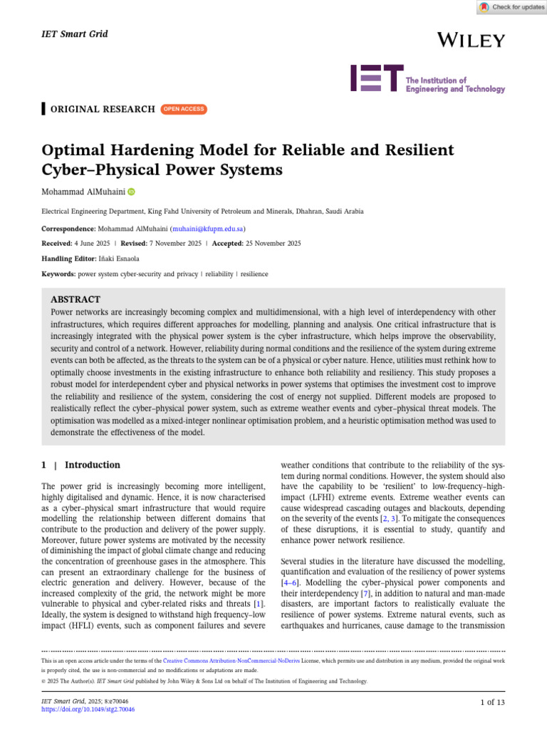 Optimal Cyber-Physical Power System Resilience | PDF | Reliability ...