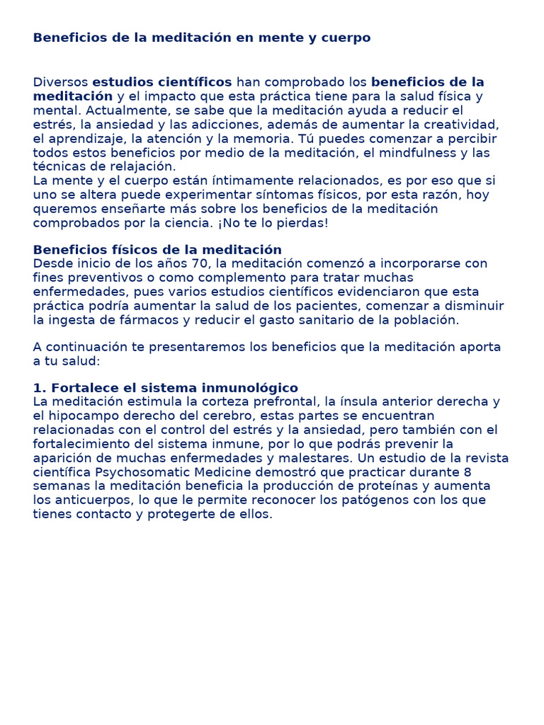 Beneficios de la meditación para salud | PDF | Meditación | Las emociones