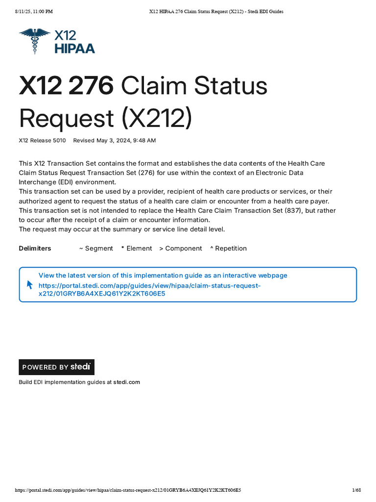 X12 HIPAA 276 Claim Status Guide | PDF | Health Insurance Portability ...