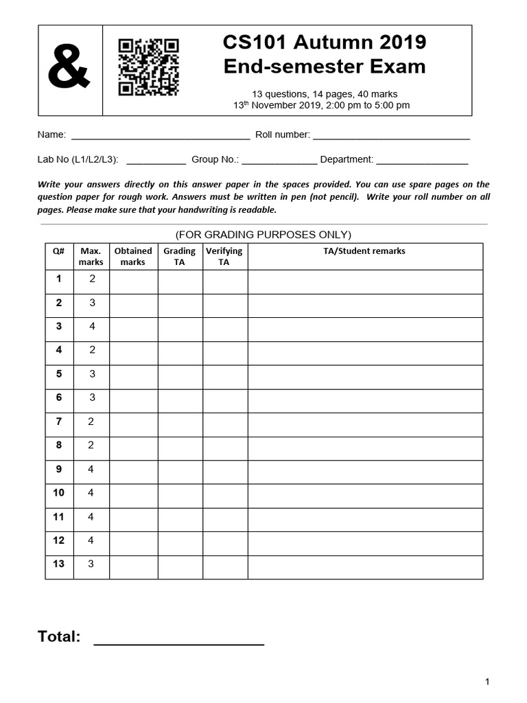 CS101 Autumn 2019 Exam Paper | PDF | Computer Science | Software ...