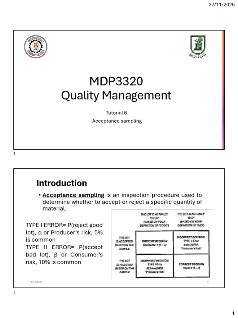 Acceptance Sampling in Quality Management | PDF | Sampling (Statistics ...