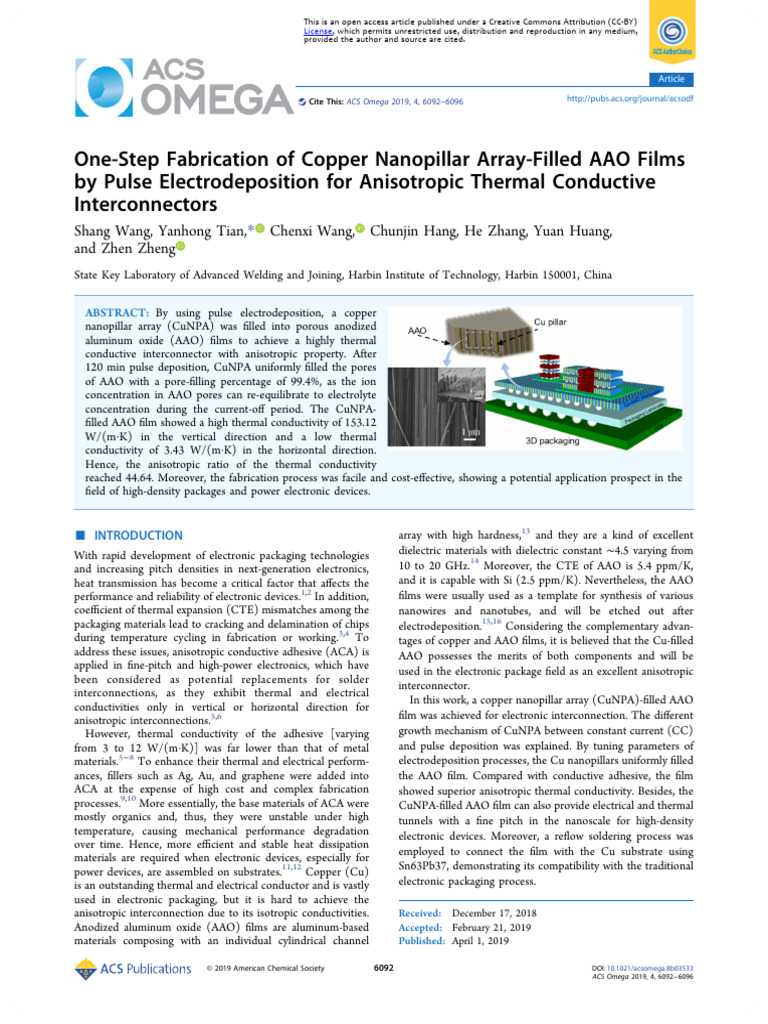 Copper Nanopillar Array for Thermal Interconnects | PDF | Electrical ...