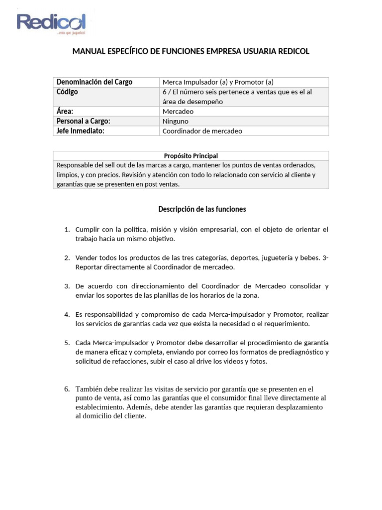 Funciones de Merca Impulsador en Redicol | PDF | Marketing | Business