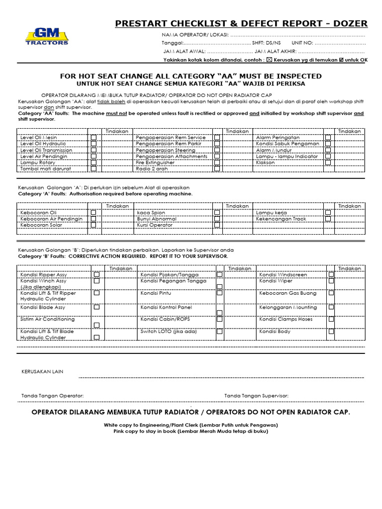 Checklist dan Laporan Kerusakan Dozer | PDF