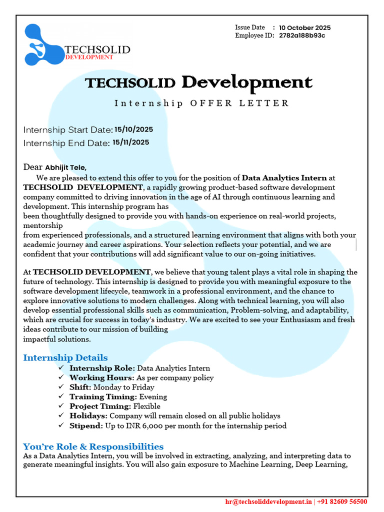 Data Analytics Internship Offer Letter | PDF | Analytics | Machine Learning
