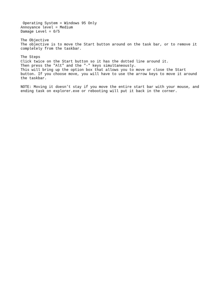 Move or Remove Start Button in Windows 95 | PDF