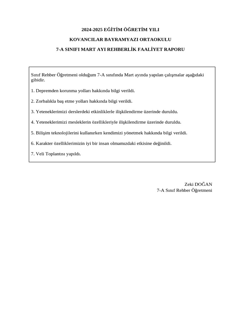 2024 2025 7. Siniflar Mart Ayi Rehberlik Faaliyet Raporu | PDF