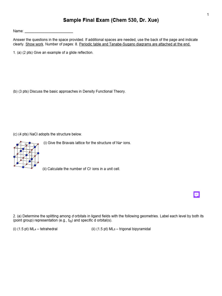 Final Exam - Sample | PDF | Coordination Complex | Molecular Orbital