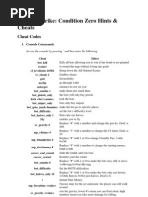 Counter-Strike: Condition Zero Hints & Cheats: Cheat Codes