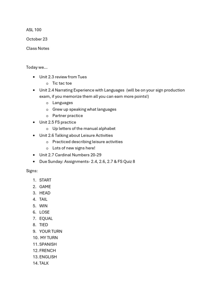ASL 100 Class Notes: Units 2.3-2.7 | PDF