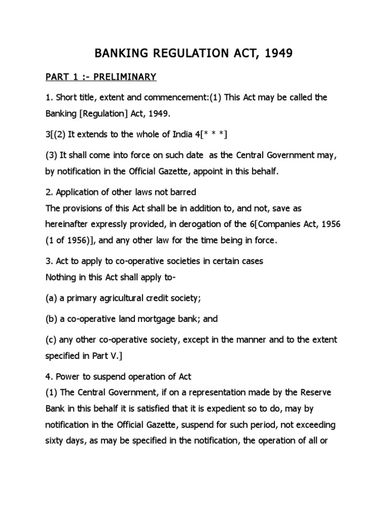 Banking Regulation Act 1949 and Important Sections PDF 